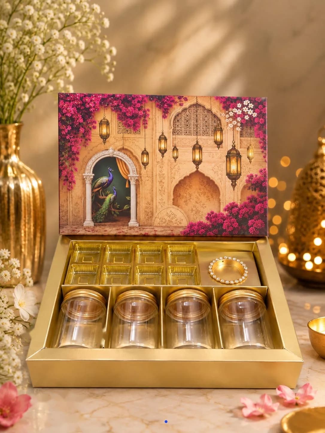 Jharokha Jar Box (4 jar + 8 cavity + diya), code NB-J-01